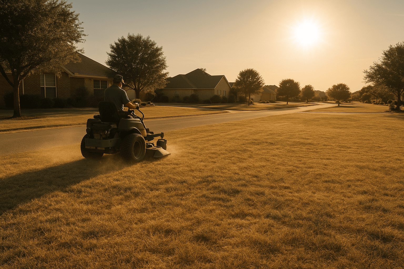 Lawn care worker mowing a dry, sun-scorched lawn in a suburban neighborhood during intense summer heat, with the sun low in the sky casting long shadows.