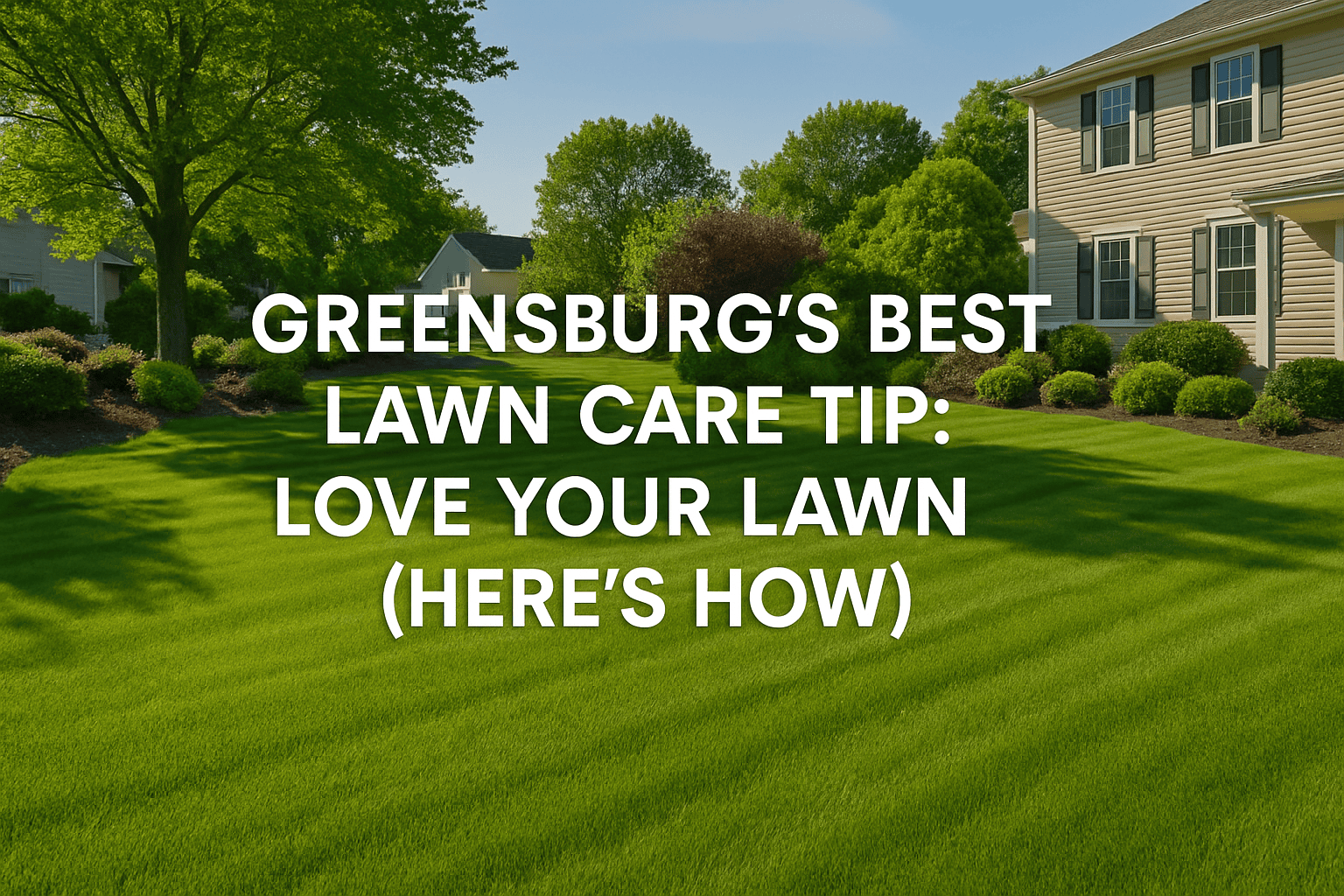 A beautifully maintained suburban lawn under clear skies with the text 'Greensburg’s Best Lawn Care Tip: Love Your Lawn (Here’s How)' centered in bold white font.