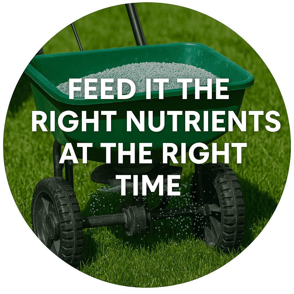Circular photo showing a green fertilizer spreader dispersing granules on vibrant grass with overlaid text 'Feed It the Right Nutrients at the Right Time.