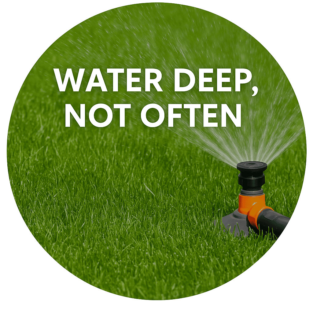 Circular image of a garden sprinkler watering a healthy lawn, with white text that says 'Water Deep, Not Often.'
