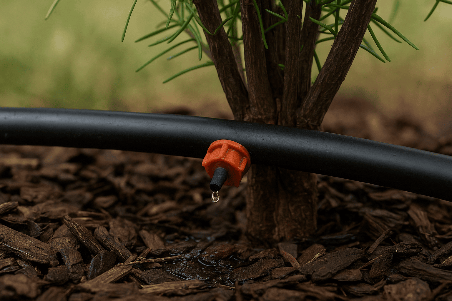 **Alt text:** *Close-up of a drip irrigation emitter releasing water at the base of a fine line buckthorn shrub, surrounded by brown mulch.*