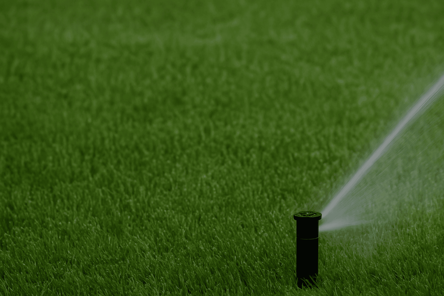 Black pop-up sprinkler head spraying water over a green lawn with a fine mist, designed for even turf coverage.