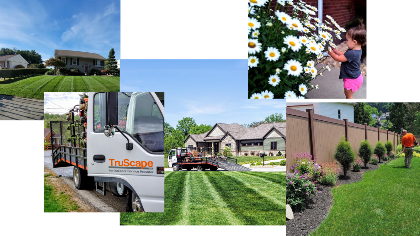 TruScape professional lawn mowing services in Greensburg, PA showcasing freshly mowed lawns with neat stripes, detailed trimming along fences, professional equipment, and a family-friendly, beautiful landscape.